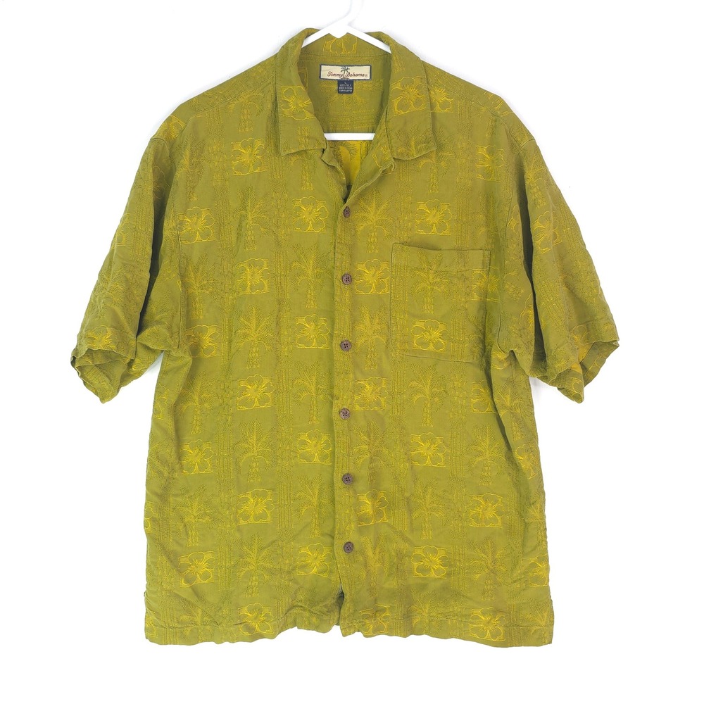 Tommy Bahama Mens Large Silk Embroidered Palm Floral Camp Shirt Mustard Green - Picture 2 of 11